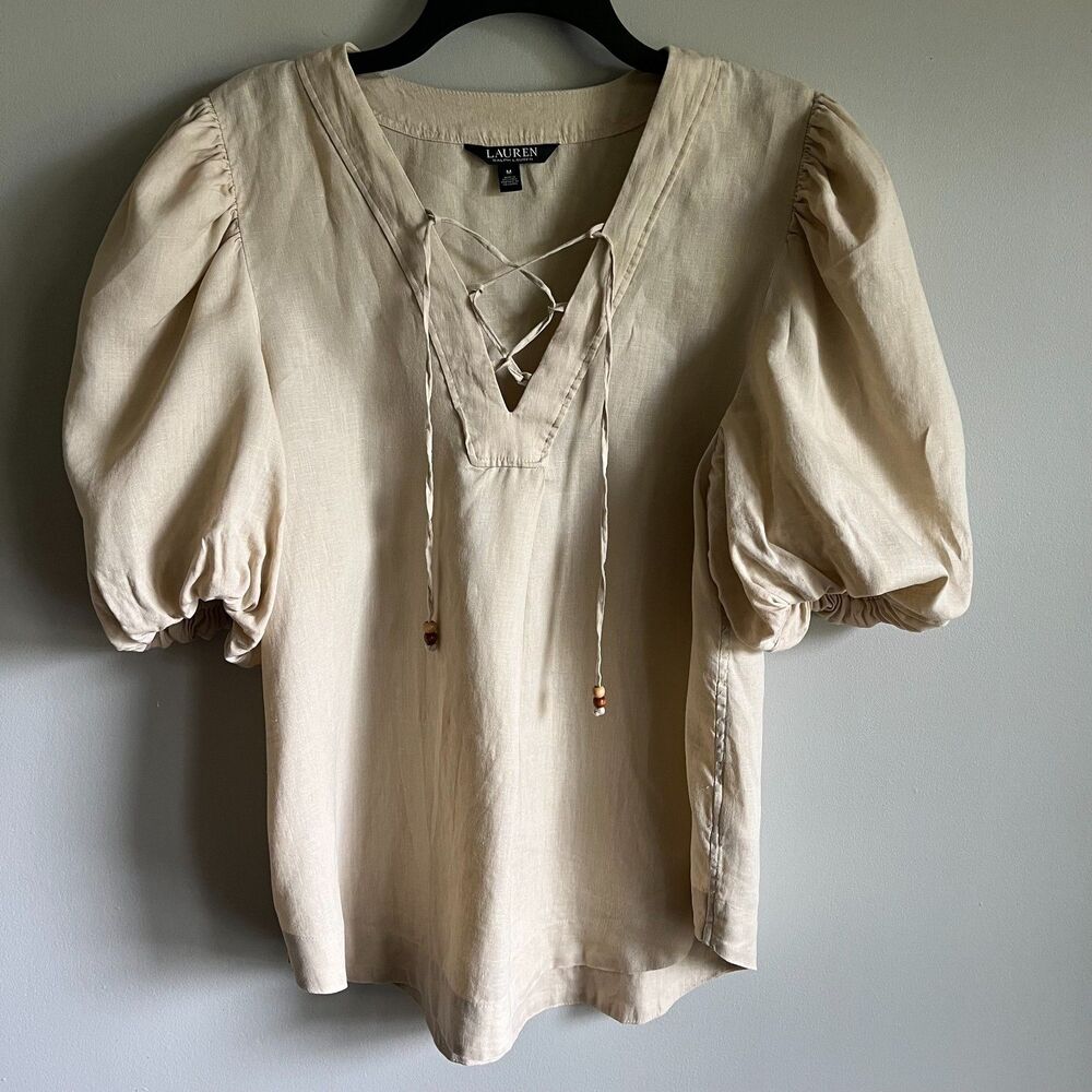 Lauren Ralph Lauren Lace-Up Puff Sleeve Blouse Women's M 100% Linen Tan Beige